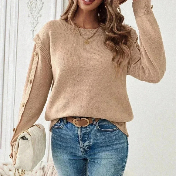 Khaki Casual Women's Solid Color 2 In 1 Sweater - Picture 5 of 6